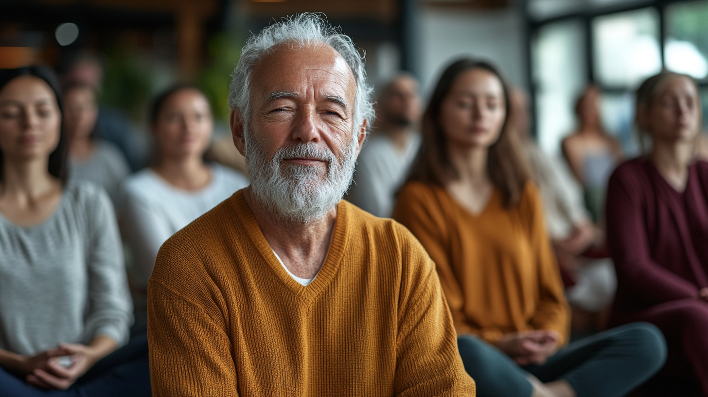 Група зрели хора практикуват йога в спокойна обстановка