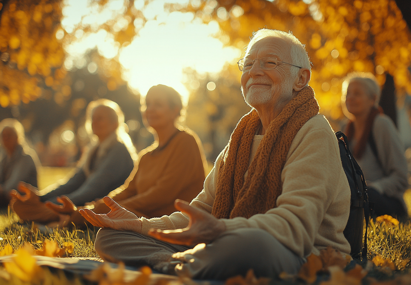 Група усмихнати възрастни хора след йога занятие